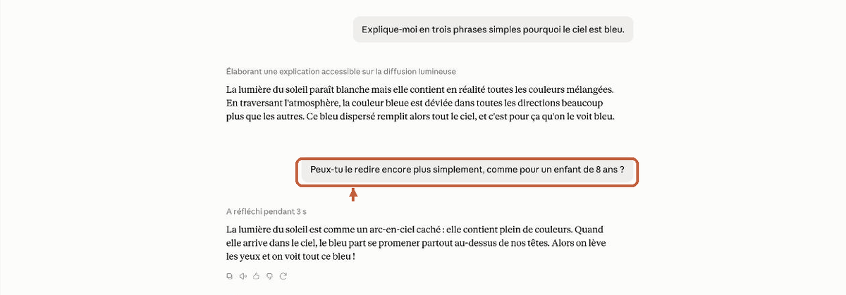 La question de suivi et la nouvelle réponse, encore plus simple : Claude a gardé le fil.