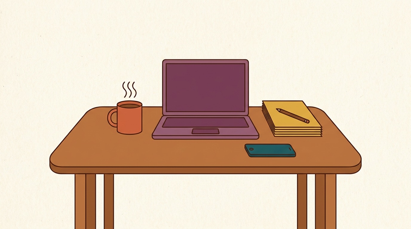 A tidy desk with an open laptop, a mug, a notebook and a pencil.