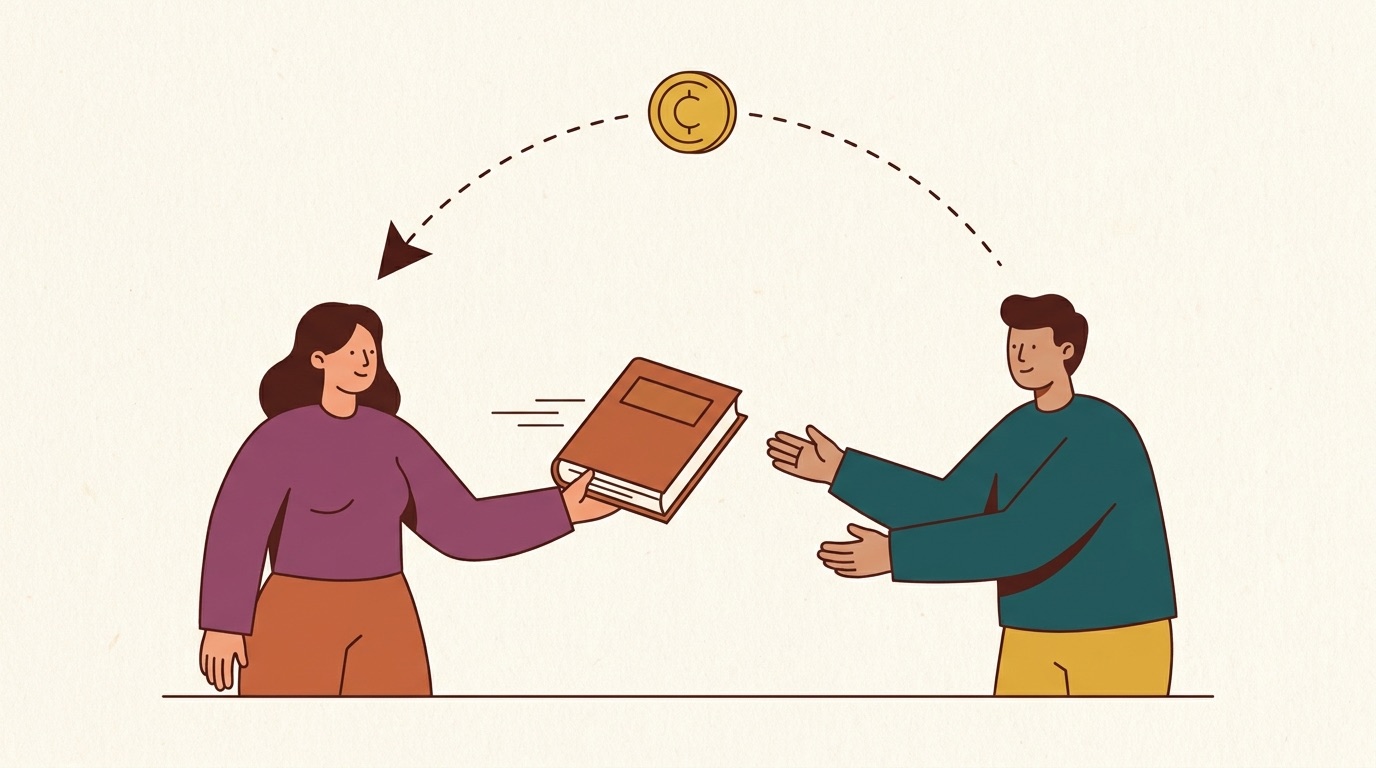 One person hands a book to another; a coin comes back to them along a dotted arc.
