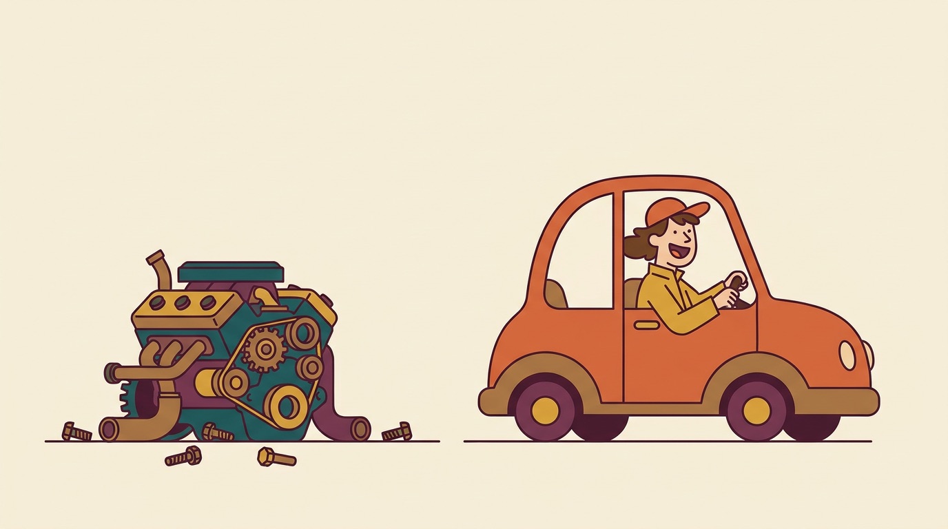 À gauche un moteur démonté avec ses engrenages ; à droite une personne conduit joyeusement une petite voiture.