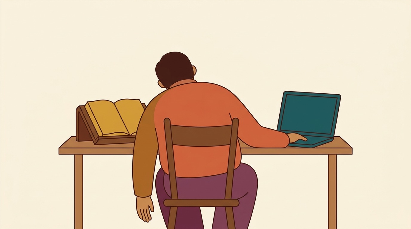Une personne vue de dos, assise à un bureau, avec un livre ouvert à gauche et un ordinateur à droite.