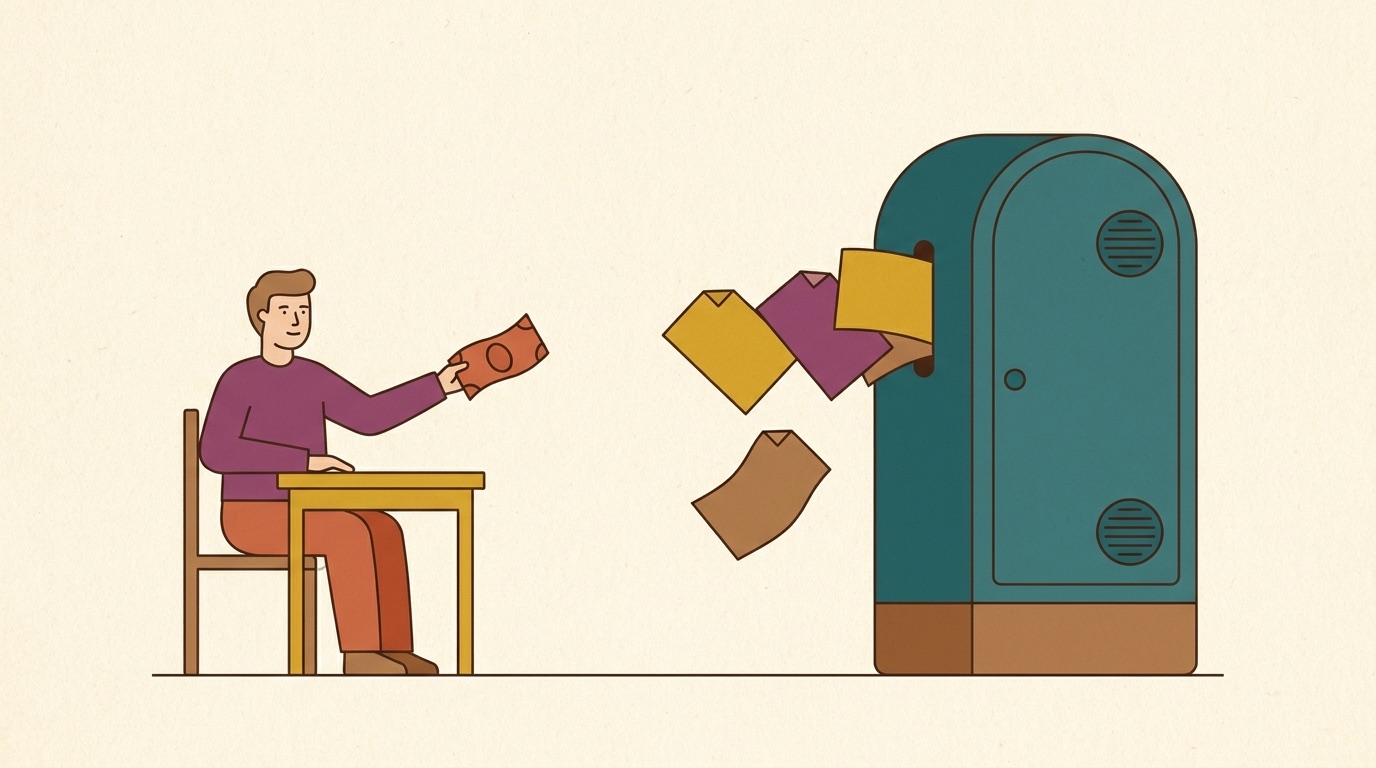 Une personne tend une note à une grande machine ; de l'autre côté, plusieurs feuilles sortent en éventail, dont une de travers.