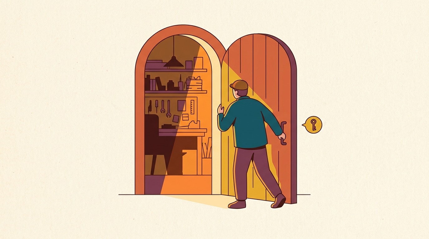 Une personne pousse une grande porte entrouverte d'où sort une lumière chaude, laissant deviner un atelier.