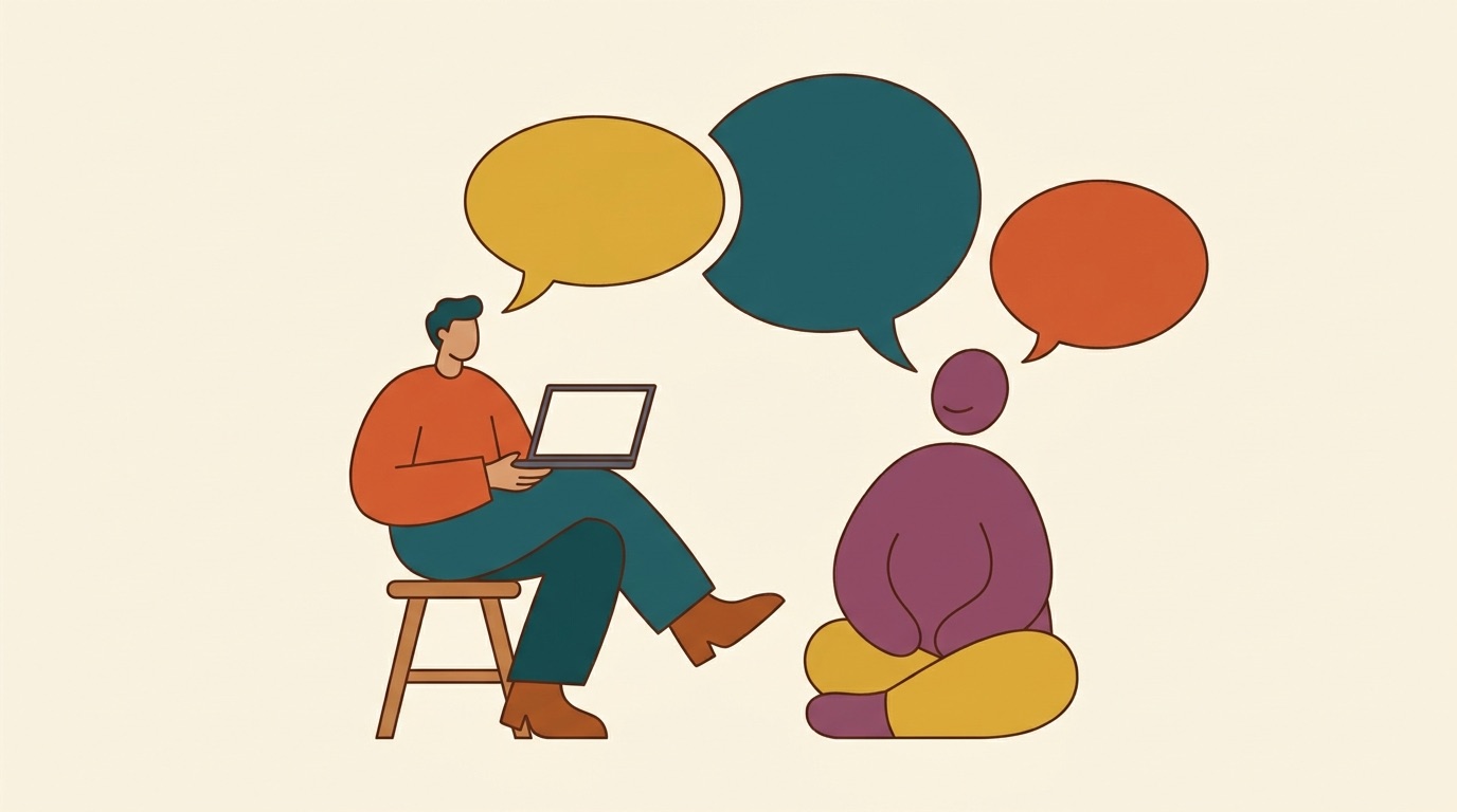 Une personne assise avec un ordinateur échange des bulles de dialogue avec une silhouette calme en face d'elle.