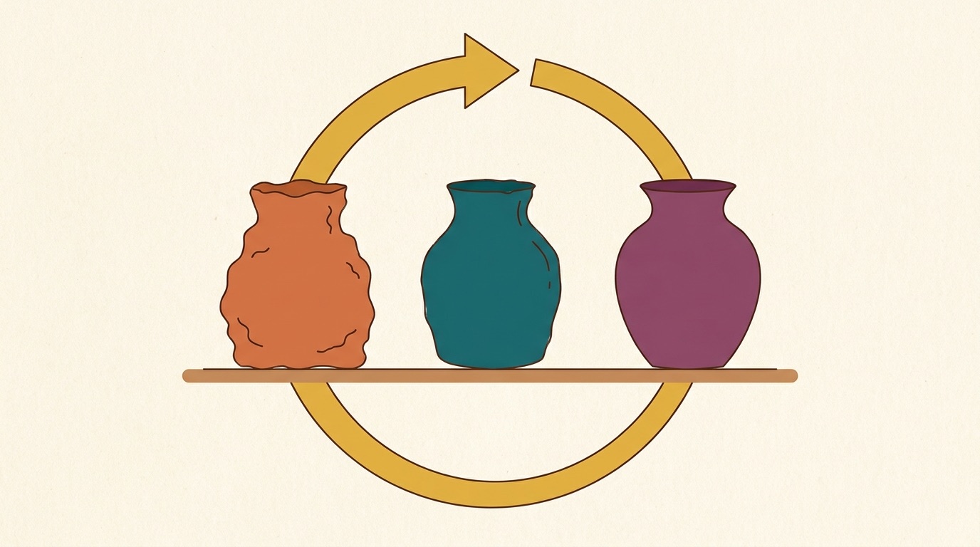 Trois poteries alignées, de plus en plus abouties, entourées d'une flèche circulaire.