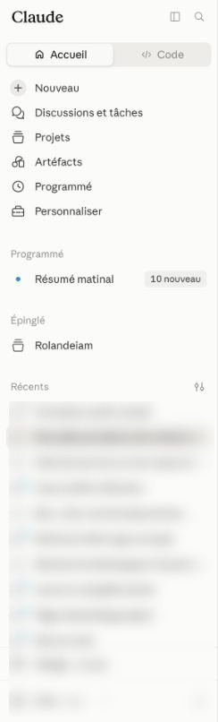 La colonne de gauche, ton seul repère de navigation. « Nouveau » ouvre une conversation vierge ; « Récents » garde les précédentes.